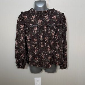 a.n.a Brown Floral Smocked-Neck Long Sleeve Blouse with Pink Flowers